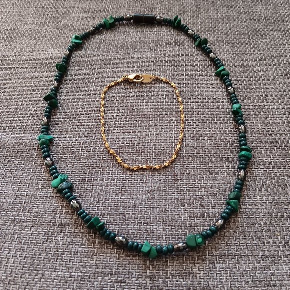 Jasper & Hematite Stone Necklace (FREE GIFT - 90 Gold Bracelet!) - Picture 1 of 9